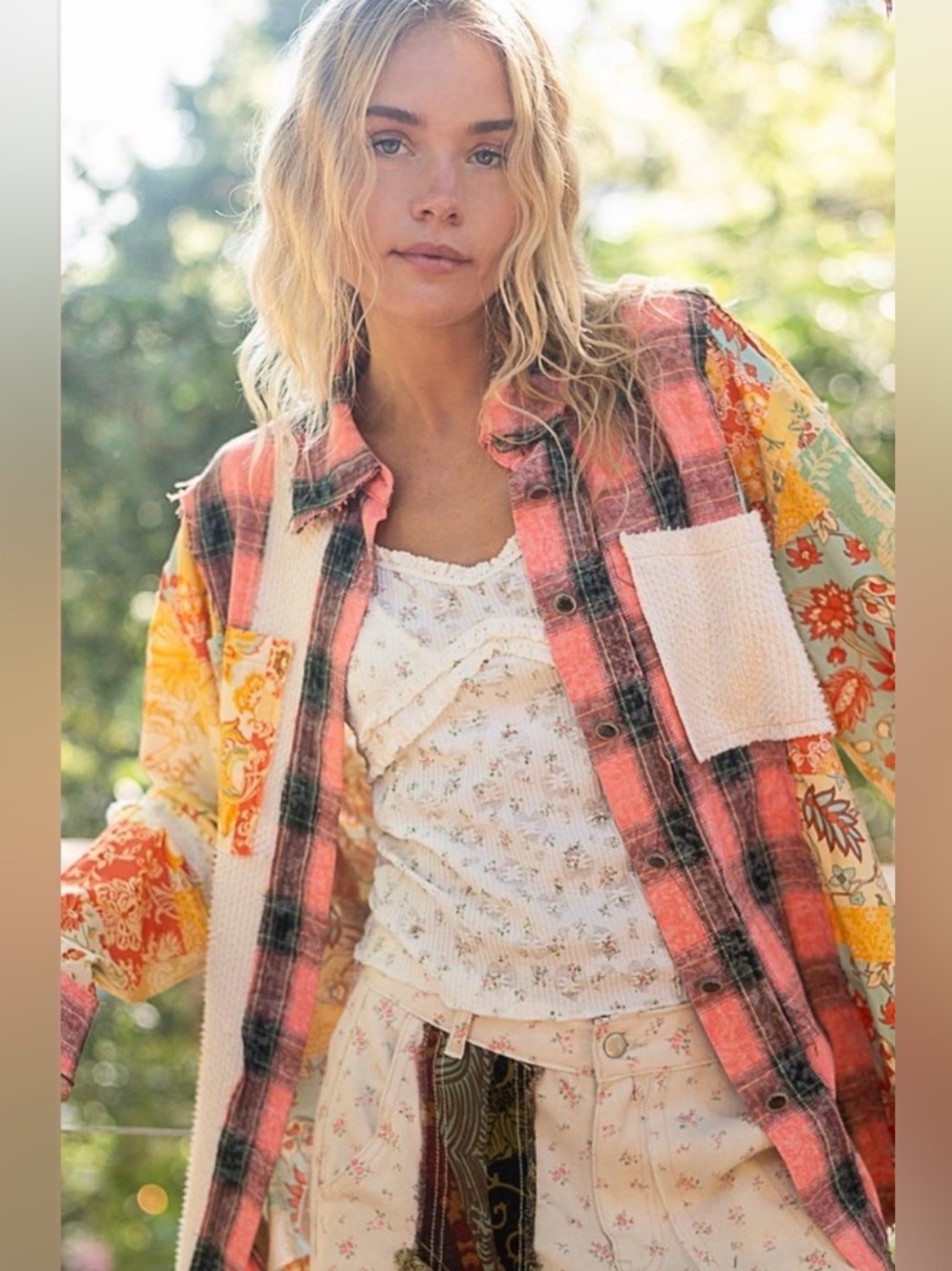 POL Oversized Patchwork Long Line Button Down Top Size Small
